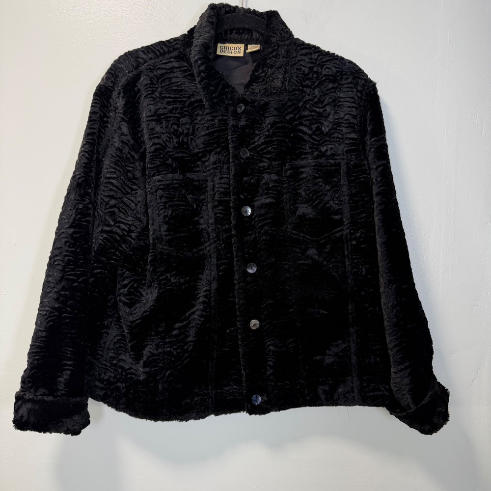 Vintage Chicos Design Black Faux Astrakhan Fur Silk Lined Jacket Size 2
